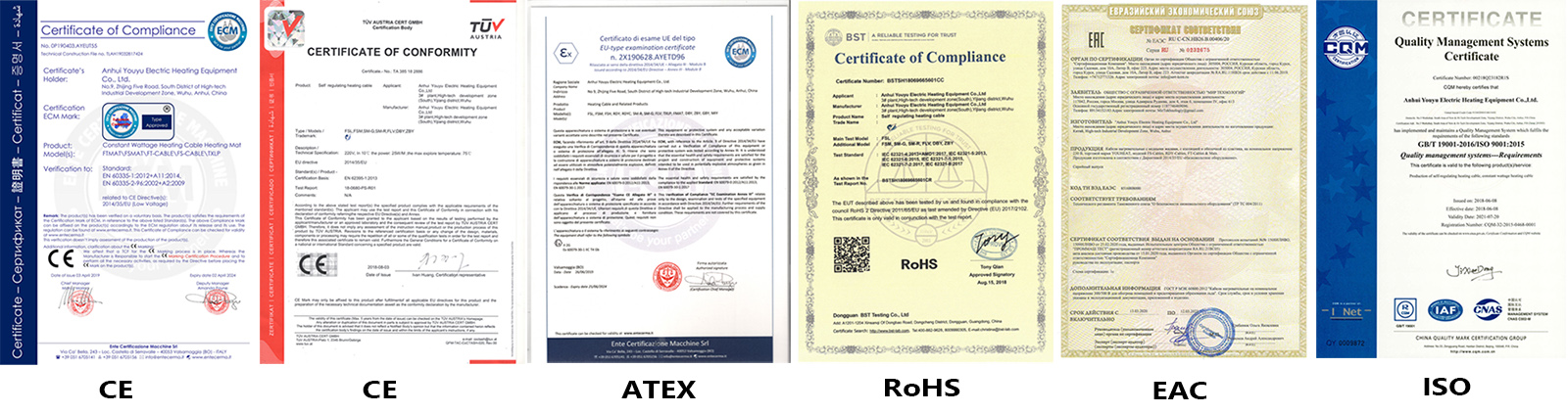 Anhui Youyu Electric Heating Certificates